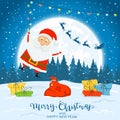 Happy Santa Claus with colorful Christmas lights and gifts. Text Merry Christmas and Happy New Year on winter background with Royalty Free Stock Photo