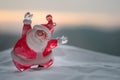 Happy Santa Claus Doll on Christmas time with tree and snow. Blurred outdoor background. Santa Clause and Merry Christmas model fi Royalty Free Stock Photo