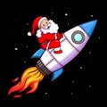 The happy santa claus is flying and rounding the space with the turbo rocket