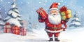 Happy Santa Claus with gift boxes on the background of a snowy forest with fir trees and gift boxes. Christmas card. Happy New