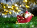 Happy Santa Claus with gifts box on the snow sled the background is Christmas decor.Santa Claus and Christmas decor on Green grass Royalty Free Stock Photo