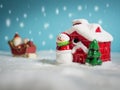 Happy Santa Claus with gifts box on the snow sled going to snow house. near snow house have Snowman and Christmas Tree. Royalty Free Stock Photo