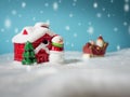 Happy Santa Claus with gifts box on the snow sled going to snow house. near snow house have Snowman and Christmas Tree. Santa Clau Royalty Free Stock Photo
