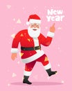 Happy Santa Claus in glasses and a red hat walks merrily. Cartoon Santa points to the inscription - Happy New Year. Christmas