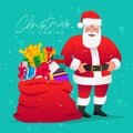 Happy Santa Claus with glasses is standing next to a big red bag full of gifts. Beautiful lettering - Christmas is coming. New