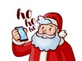 Happy Santa Claus with phone in hand. Christmas, xmas concept. Cartoon vector illustration Royalty Free Stock Photo