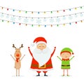 Happy Santa with Reindeer and Cute Elf with Christmas Lights and Royalty Free Stock Photo