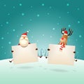 Happy Santa Claus and Reindeer jumping with boards on winter landscape - Christmas template greeting Royalty Free Stock Photo