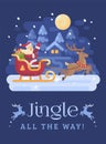 Happy Santa Claus riding in a sleigh drawn by reindeer across a snowy night winter village landscape. Christmas flat illustration Royalty Free Stock Photo