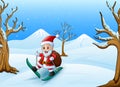 Happy santa claus skiing with sack of gifts on winter background Royalty Free Stock Photo