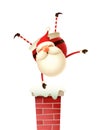 Happy Santa Claus standing on his hand on the chimney and wave with other hand - isolated on white background