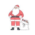 Happy Santa Claus standing with white background, hand-drawn line art style vector illustration