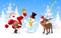 Santa with a Christmas bell, a reindeer and a snowman rejoice at the coming of Christmas Royalty Free Stock Photo