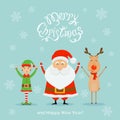 Happy Santa with elf and reindeer on a blue Christmas background Royalty Free Stock Photo