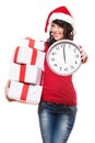 Happy santa girl holding gifts and clock Royalty Free Stock Photo