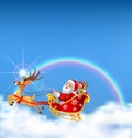 Happy Santa in his Christmas sled being pulled by reindeer on cloudy rainbow background