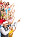 Happy santa man talking in loud-hailer. Royalty Free Stock Photo