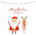 Happy Santa with reindeer and Christmas lights on a white background Royalty Free Stock Photo