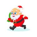 Happy santa running with bag in hands