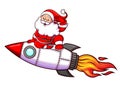 The happy santa is traveling with the rocket around the space