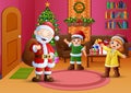 Happy santa and two kids in the living room with christmas tree Royalty Free Stock Photo