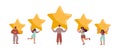 Happy and satisfied customer vector tiny people are holding review stars over their heads. Five stars rating flat