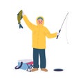 Happy satisfied fisherman character holding big fish and rod feeling excited during winter fishing Royalty Free Stock Photo