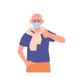 Happy satisfied senior man cartoon character wearing protective medical mask gesturing thumbs-up