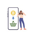 Happy satisfied woman cartoon customer character using cryptocurrency ewallet for payment