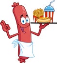 Happy Sausage Chef Cartoon Character Gesturing Ok And Holding A Hot Dog, French Fries And Soda On A Tray Royalty Free Stock Photo