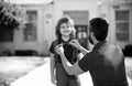 Happy school boy going to school with father. Smart child. Adorable school nerd. Intellectual kid boy wear bow tie. Back Royalty Free Stock Photo