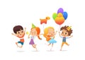 Happy school children with the balloons and birthday hats joyfully jumping against white background. Birthday party