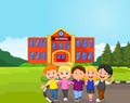 Happy school children cartoon in front of school Royalty Free Stock Photo