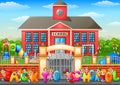 Happy school children standing in front of school building Royalty Free Stock Photo