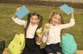 Happy school friends little girls having fun, back to school concept Royalty Free Stock Photo