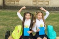 Happy school friends little girls having fun, healthy kids concept Royalty Free Stock Photo