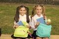 Happy school friends little girls having fun, lunch time concept Royalty Free Stock Photo