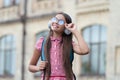 happy school girl listen music in headphones. school girl listen music outdoor. Royalty Free Stock Photo