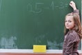 Happy school girl on math classes Royalty Free Stock Photo