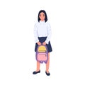 Happy school girl portrait. Teenager pupil standing with schoolbag in hands. Smiling child holding backpack. Schoolgirl Royalty Free Stock Photo