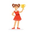 Happy school girl in red dress holding winner cup, kid celebrating her victory cartoon vector Illustration Royalty Free Stock Photo