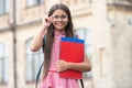 happy school girl at september outdoor. photo of school girl at september. school girl at september Royalty Free Stock Photo