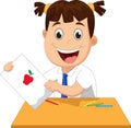 Happy school girl is showing a picture of red apples Royalty Free Stock Photo