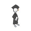 Happy school graduate in square hat with diploma. College raduation ceremony, final exams, degree certificate. Hand drawn. Royalty Free Stock Photo