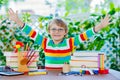 Happy school kid boy with glasses and student stuff Royalty Free Stock Photo