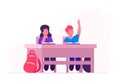 Happy School Kids Boy and Girl Sitting at Desk in Classroom Studying. Schoolboy Raising Hand to Answer Lesson in Class Royalty Free Stock Photo