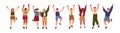 Happy school kids, excited students celebrating success with arms, hands up. Boys and girls children, students jumping