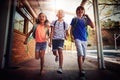 Happy school kids running in corridor Royalty Free Stock Photo