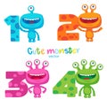 Happy School theme. Small Alien Creature. Cute Colorful Monsters and Kids Numbers Vector Set. Royalty Free Stock Photo