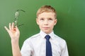 Happy schoolboy standing near the blackboard with medical glasses